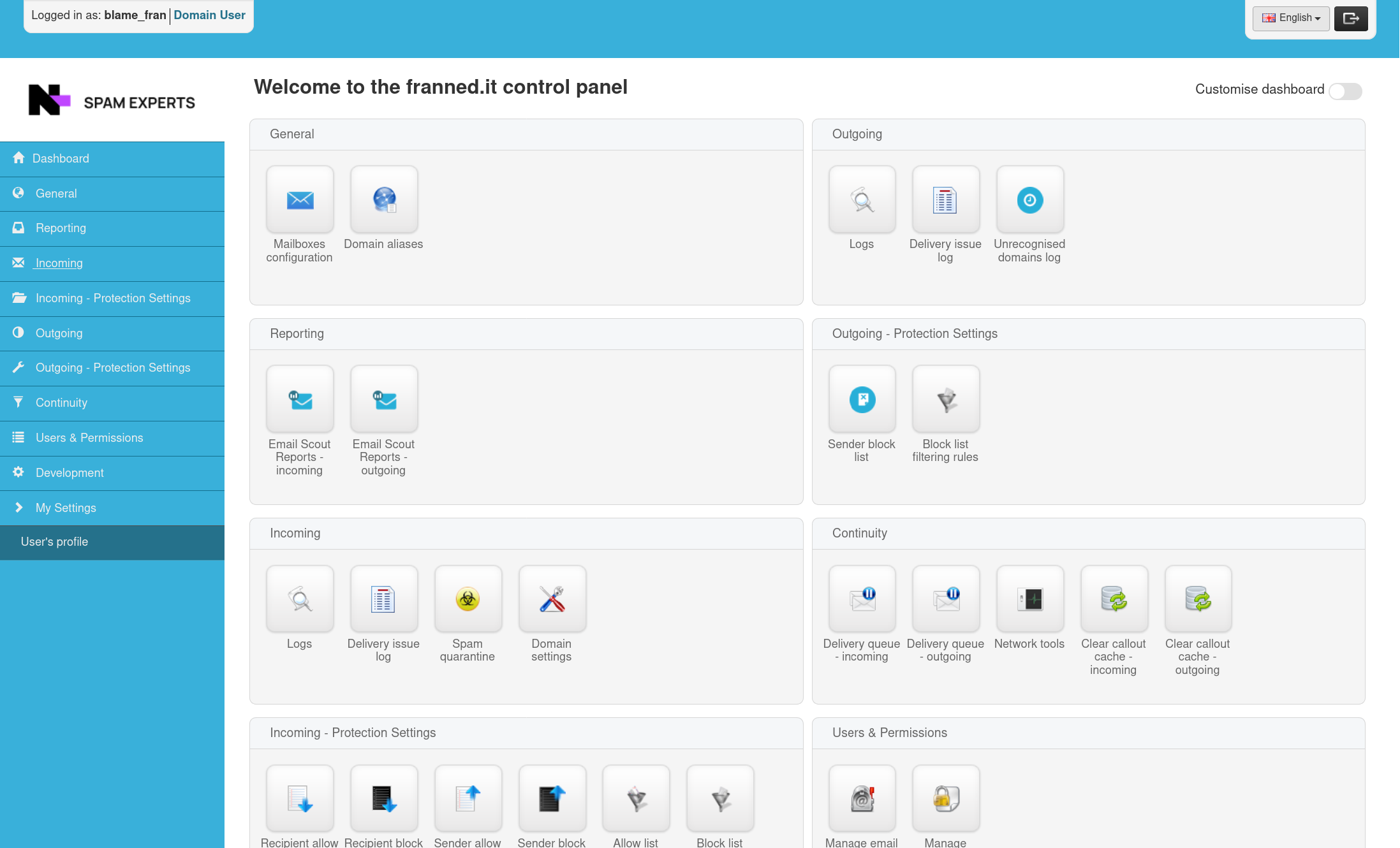 SpamExperts anti-spam email security dashboard with filtering statistics